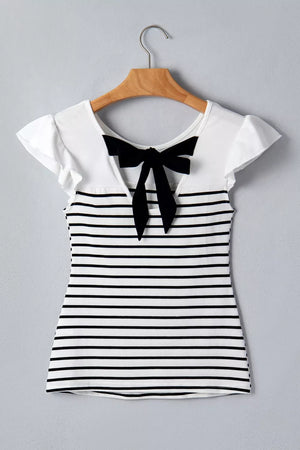 Chic striped tank top with ruffled sleeves and a black knot back detail.