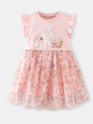 Pink baby dress with unicorn embroidery, ruffle cap sleeves, and floral print tulle skirt.