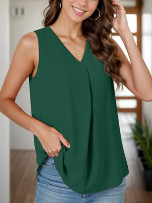 Sleeveless dark green V-neck blouse with front pleats and a curved hem.