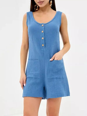 Blue crinkled cotton button-down sleeveless romper with pockets