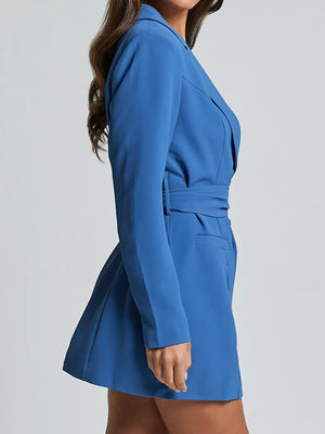 Royal blue belted blazer dress with a tie waist and button detail.