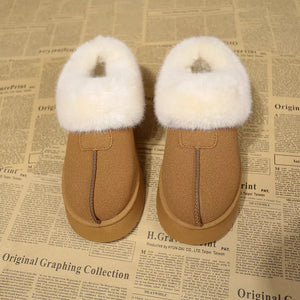 Brown plush suede platform ankle boot slippers with fluffy white trim and thick soles.