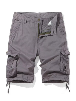 Gray cargo shorts for men with zipper fly and drawstring hem