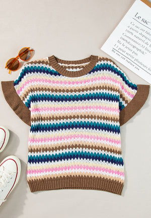 Textured stripe knit sweater with contrast trim and short sleeves.