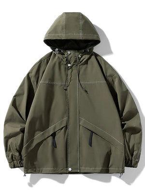 Dark green hooded zip jacket with contrast stitching and drawstring details.