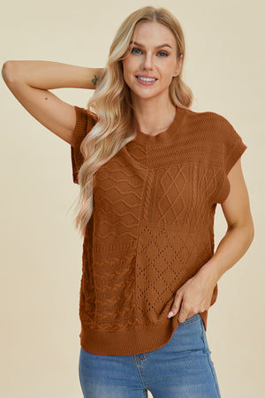 Brown knit patchwork sleeveless top with varied cable and open knit textures.
