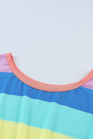 Rainbow stripe romper with crew neck and coral trim detail.