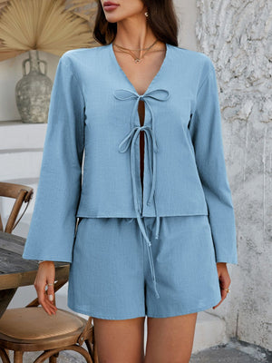 Light blue linen tie-front top and shorts set with bell sleeves