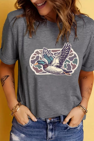 Gray polyester t-shirt with a flying mallard duck graphic on a camouflage background.