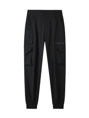 Black cargo pants with multiple pockets, including a zippered pocket.