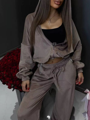 Zip Up Cropped Outerwear And Pants Set, back view