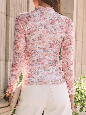 Romantic Floral Mesh Second-Skin Top in Blush Pink with long sleeves and a mock neck.