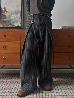 Men's black gray striped wide leg trousers with drawstring and split overlay detail.