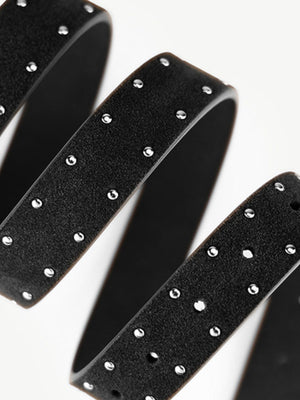 Black studded leather belt with silver accents