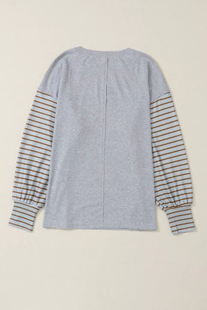 Maternity shirt in gray with striped bishop sleeves in blue and brown, crew neck