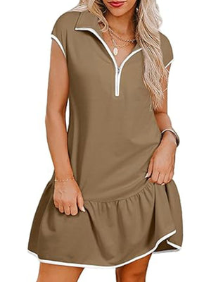 Tan zip front cap sleeve ruffle dress with white trim