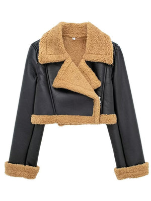 Black cropped aviator jacket with shearling trim and collar