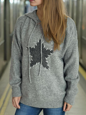 Gray knit hoodie with a textured dark gray star appliqué stitched with white thread.