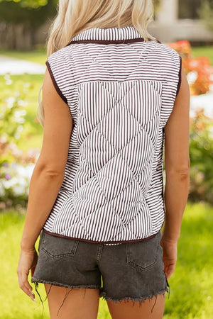 Striped Quilted Snap Button Vest in Dark Brown, close-up detail