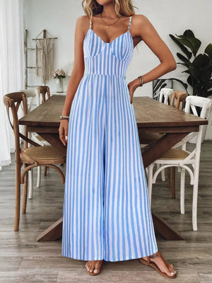 Light blue and white striped wide-leg jumpsuit with spaghetti straps and a sweetheart neckline.