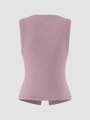 Pink ribbed button-front fitted tank top with a split hem.