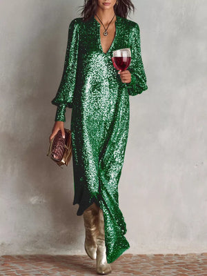 Glistening sequin maxi gown in dark green with lantern sleeves and a deep V-neck.