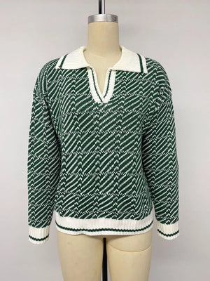 Geometric Patterned Collared Sweater in Green, alternate angle