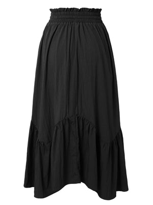 Black midi skirt with asymmetrical ruffled hem and smocked waistband.