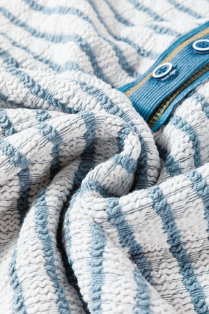 Textured stripe henley sweater in dusty blue with white and blue stripes and button detail