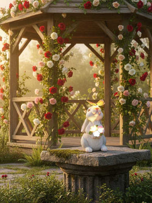White Easter bunny garden ornament with butterfly and glowing flowers, sitting on stone pedestal.
