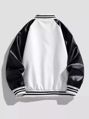 Men's black and white varsity jacket with striped collar and cuffs