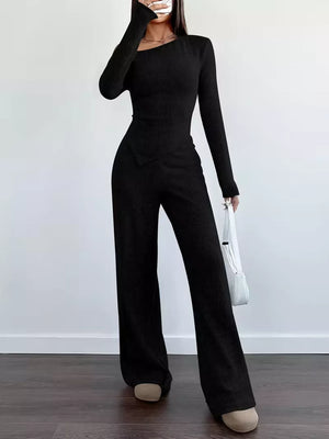 Chic One-shoulder Asymmetrical Top & Wide-leg Pants Set in Burgundy, side view
