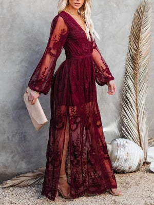 Burgundy floral lace maxi dress with long sheer sleeves, V-neck, and high slit.