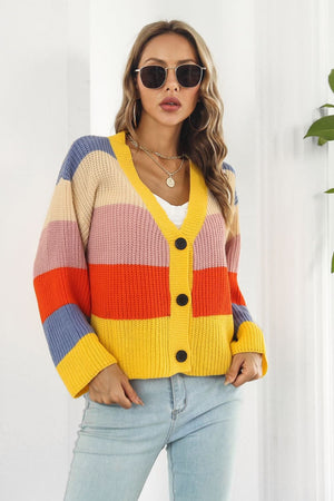 Rainbow block button-down knit cardigan with V-neck and acrylic material.