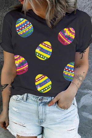 Black crewneck tee with colorful sequin Easter egg appliques.