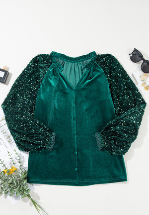 Dark green velvet blouse with sequin sleeves and button front