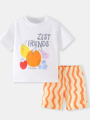 White cotton toddler graphic tee with fruit print and orange striped shorts.