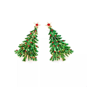 Festive holiday tree charm drop earrings with red gem accents and gold star tops.