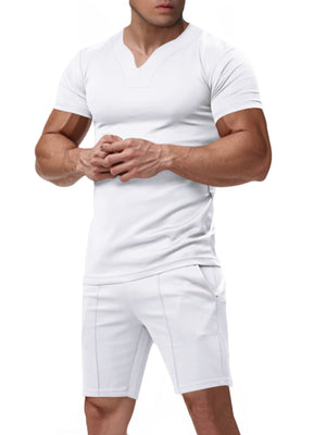 White notched collar V-neck tee and shorts set for men, comfortable loungewear.