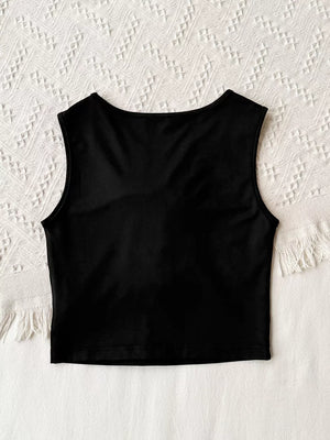 Black crop tank top with round neck and floral applique detail