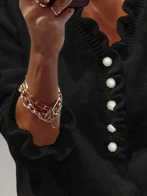 Ruffled Pearl Button Sweater in Black, close-up detail
