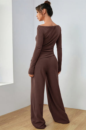 Dark Brown boat neck loungewear set with wide leg pants and long sleeves.