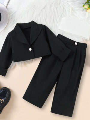 Toddler black cropped blazer and pants set with white cami top.