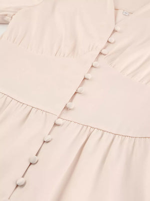 Elegant V-neck Puff Sleeve Button-down Midi Dress in White, fit detail