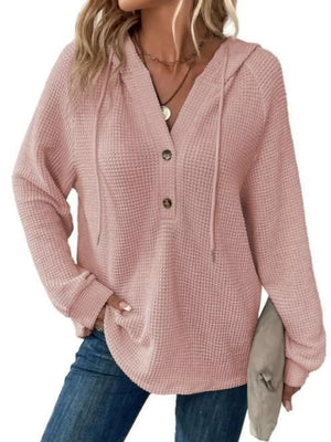 Full Size Waffle Knit Half-button Hoodie Plus Size in Black, view 15