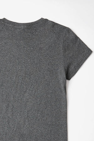 Dark Gray crewneck t-shirt with short sleeves and a speckled texture.