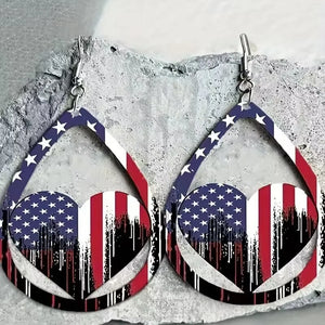 Patriotic teardrop heart earrings with American flag design, multicolor alloy.