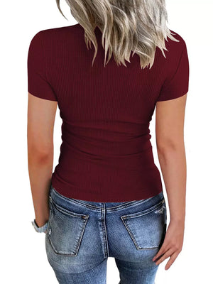 Ribbed Knit T-shirt With Button Detail in Black, fabric detail