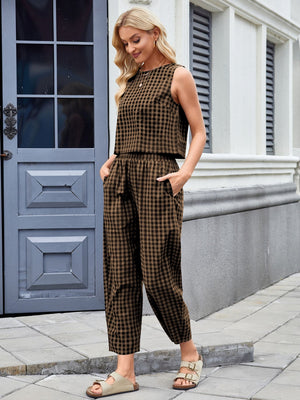 Brown gingham cropped tank and wide leg pants set with drawstring waist.