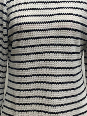 Textured knit long-sleeve t-shirt in white with black horizontal stripes.